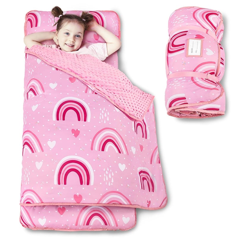 Beavtaens Toddler Nap Mat with Pillow and Minky Blanket, Large 55"x35" Sleeping Bag, Washable, Lightweight, Easy to Roll, Perfect for Preschool, Daycare, Kindergarten, Travel, Boys and Girls(Rainbow) - Image 1
